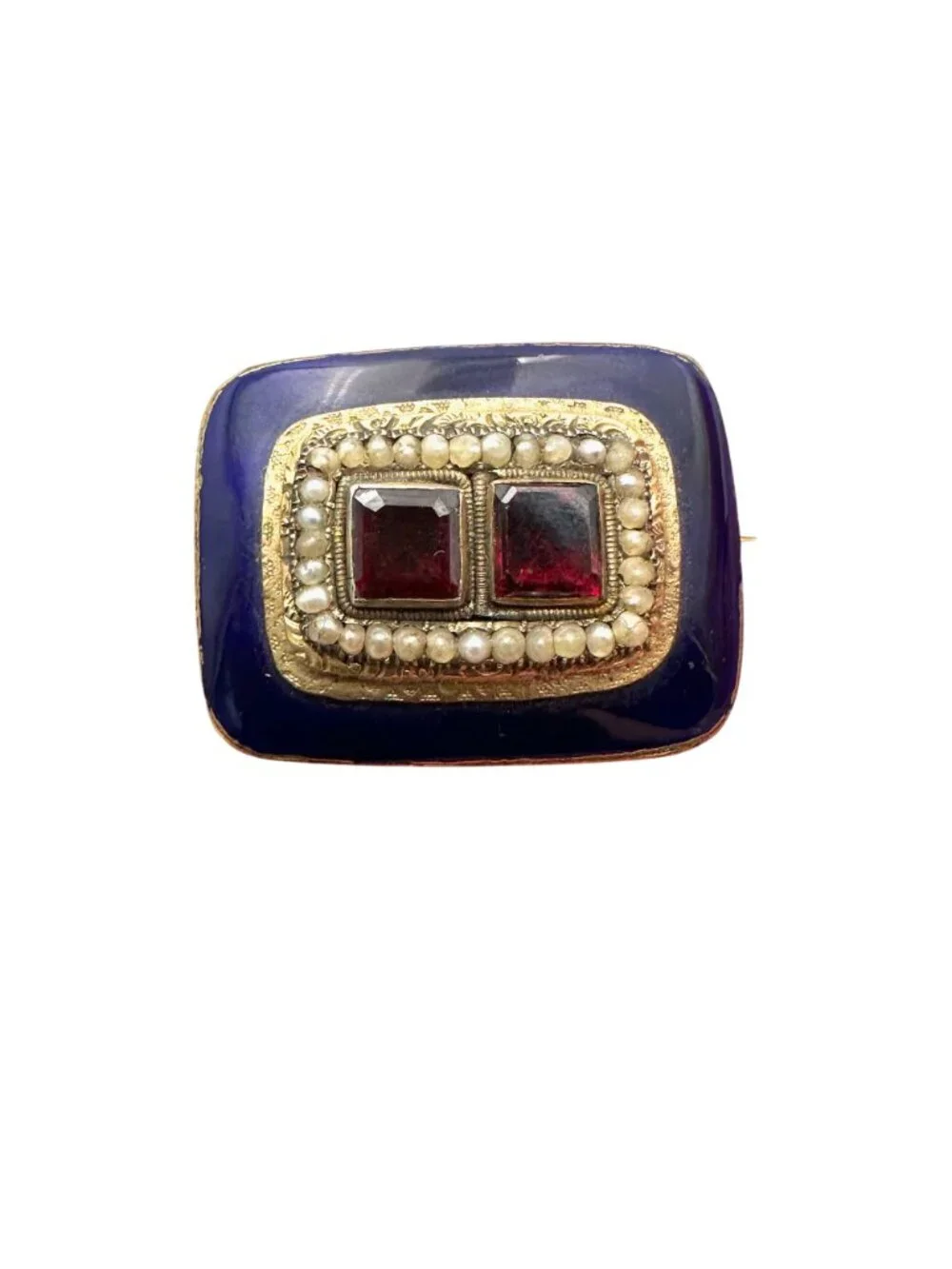 Antique Georgian 14K Gold Cobalt Blue Enamel Garnet Brooch Pin Circa 1830